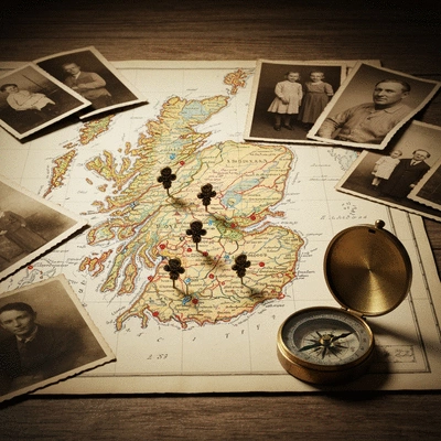 Map of Scotland with pins marking significant ancestral locations, surrounded by old family photographs and a compass, no text, no words, no typography, clean image