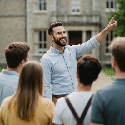 An expert local guide pointing to a historical landmark during a personalized genealogy tour in Stockbridge
