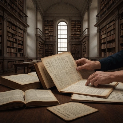 Hands sifting through old archival documents in a library setting