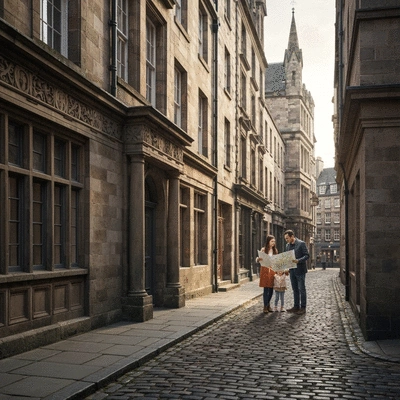 Historic Edinburgh Old Town street with a family looking at a map, connecting with their heritage