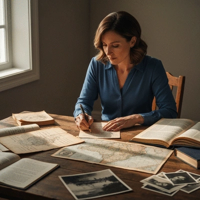 Person planning a genealogy tour with maps and historical documents spread on a table