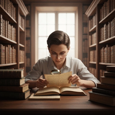Person studying historical documents with a magnifying glass in a cozy, old-fashioned library setting, no text, no words, no typography, clean image